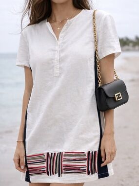 Fendi White Tunic Dress Striped Hem Short Sleeve Size M